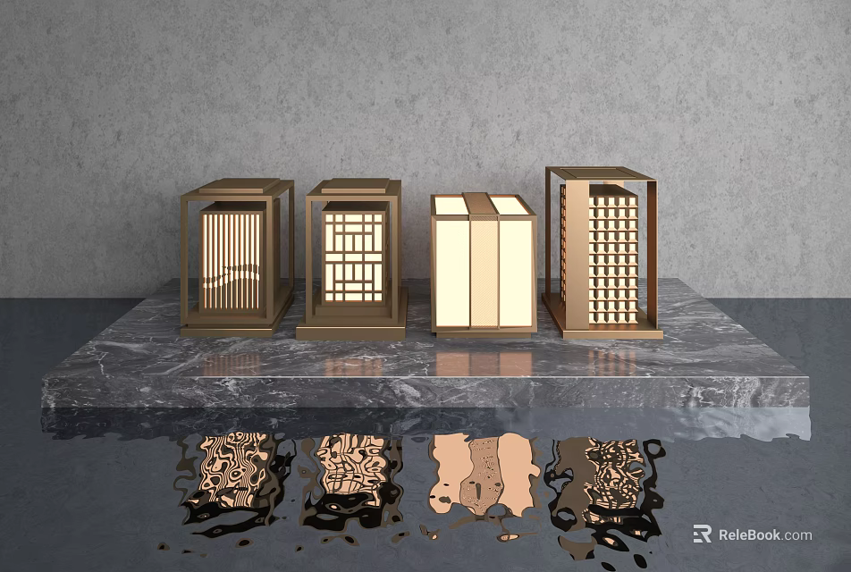 Four Modern Outdoor Lights With Geometric Grid Striped Design On Marble Surface With Reflections 3d model 
