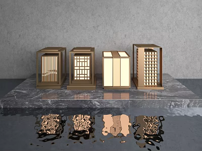 Four Modern Outdoor Lights With Geometric Grid Striped Design On Marble Surface With Reflections 3d model