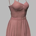 Pink Checkered Spaghetti Strap Dress With Waist Belt And Pleated Skirt