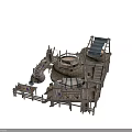 Ancient Stone Workshop Building With Multi level Wooden Platforms Stairs Barrels And Cloth Canopies