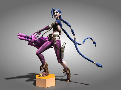 Game Anime Female Character With Blue Hair Long Braids Holding Pink Cannon On Orange Base 3d model