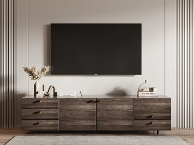 Modern Wooden TV Stand With Drawers Cabinets And Decorative Items Under Wall Mounted TV 3d model