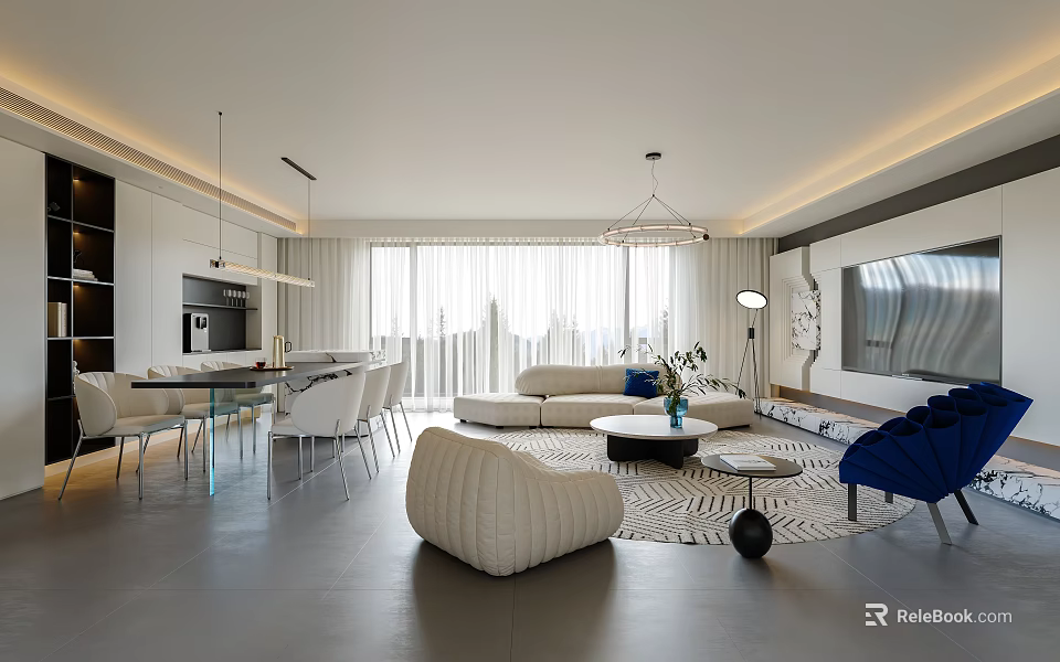 Modern Living and Dining Room Interior With Open Layout Sofa Dining Table And Pendant Lights 3d model 