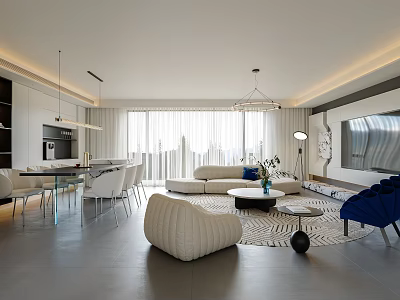 Modern Living and Dining Room Interior With Open Layout Sofa Dining Table And Pendant Lights 3d model