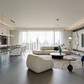 Modern Living and Dining Room Interior With Open Layout Sofa Dining Table And Pendant Lights