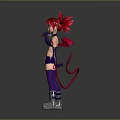 Game Anime Character With Red Spiky Hair Purple Costume Demon Horns And Red Tail