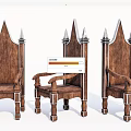 Three Gothic Inspired Wooden Leisure Chairs With Spiked Top And Metal Accents