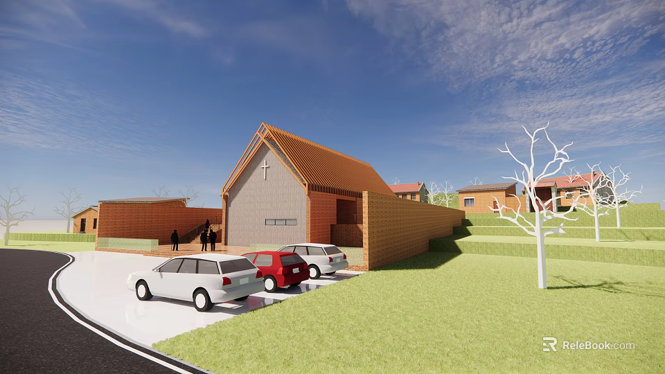 Church Building With Red Roof Brick Wall Parking Lot Cars On Green Lawn 3d model 