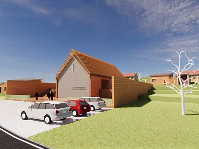 Church Building With Red Roof Brick Wall Parking Lot Cars On Green Lawn 3d model