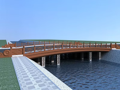 Traditional Wooden Bridge with Carved Railings Spanning Water Featuring Stone Tile Walkway and Green Grass 3d model