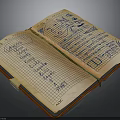 Open Leather Cover Notebook With Handwritten Notes And Sketches On Grid Paper