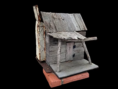 Weathered Wooden Cabin Structure With Rustic Roof And Small Porch On Brick Base 3d model