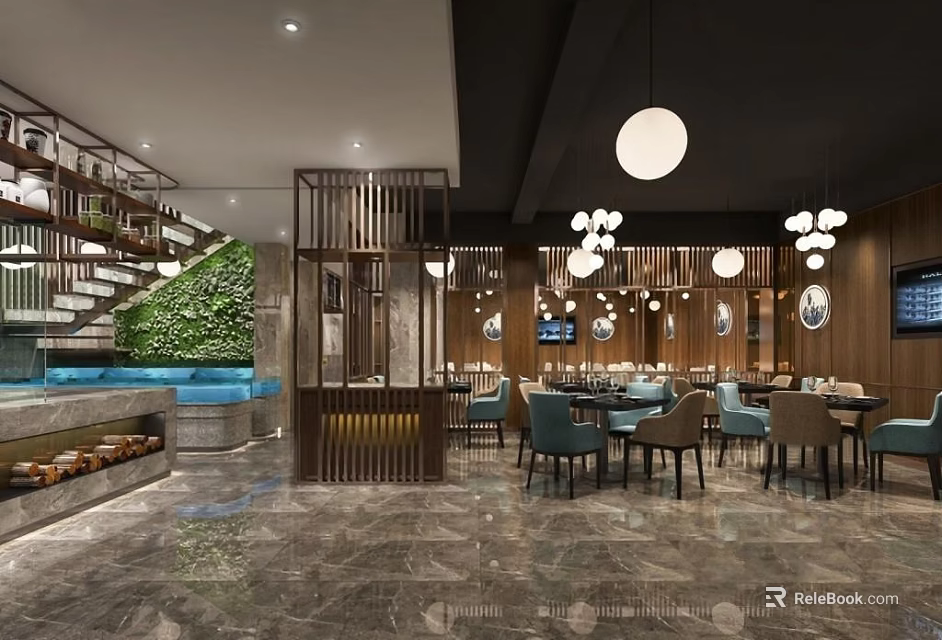 Modern Restaurant Interior With Pendant Lights Living Plant Wall Blue Chairs And Wooden Decor 3d model 