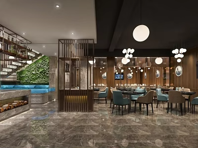 Modern Restaurant Interior With Pendant Lights Living Plant Wall Blue Chairs And Wooden Decor 3d model