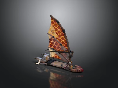 Unique Vintage Wooden Water Vehicle With Spotted Orange Brown Sail Design 3d model
