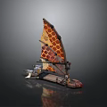 Unique Vintage Wooden Water Vehicle With Spotted Orange Brown Sail Design