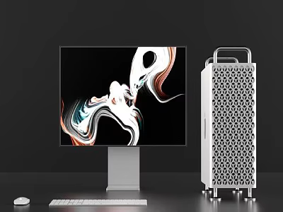 Modern Desktop Computer Setup With Monitor Abstract Pattern Keyboard Mouse And White Grid Tower 3d model