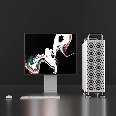 Modern Desktop Computer Setup With Monitor Abstract Pattern Keyboard Mouse And White Grid Tower 3d model