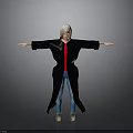 White Haired Woman in Black Long Coat Red Top and Blue Jeans with Arms Outstretched
