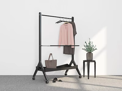 Black Clothing Rack With Hanging Clothes Bag And Shoes 3d model
