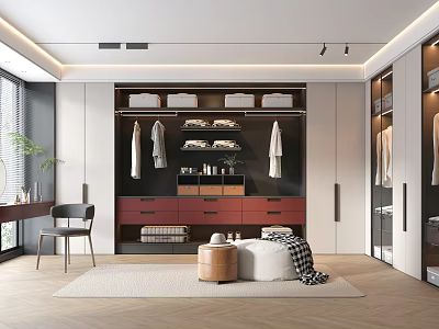 Modern Walk In Closet With Organized Storage And Cozy Seating 3d model