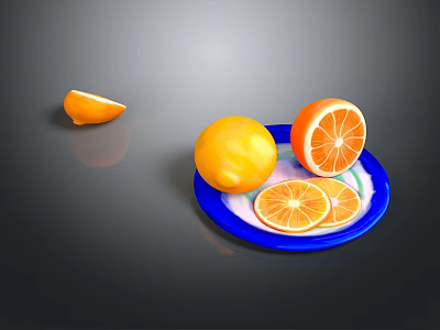 Fresh Oranges Including Whole Fruit And Slices On Blue Plate With Gray Background 3d model