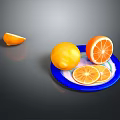 Fresh Oranges Including Whole Fruit And Slices On Blue Plate With Gray Background