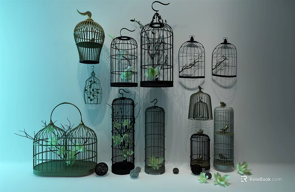 Vintage Birdcage Decorative Ornament Set with Various Designs and Green Plant Accents 3d model 