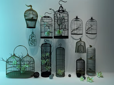 Vintage Birdcage Decorative Ornament Set with Various Designs and Green Plant Accents 3d model