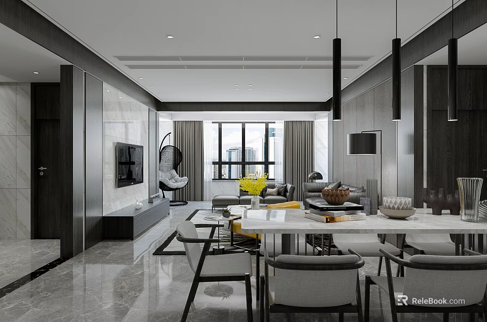 Modern Dining and Living Room Interior With Large Windows Hanging Lights Sofa And Dining Table 3d model 