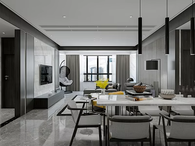 Modern Dining and Living Room Interior With Large Windows Hanging Lights Sofa And Dining Table 3d model