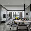 Modern Dining and Living Room Interior With Large Windows Hanging Lights Sofa And Dining Table