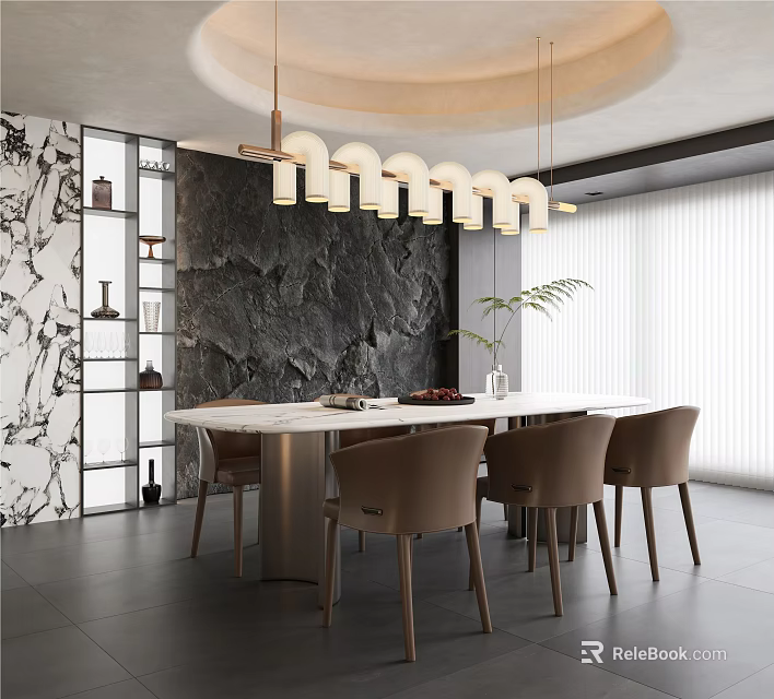 Modern Dining Table Set With Beige Chairs Round Pendant Lights And Black Stone Wall Background 3d model