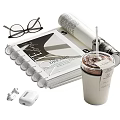 Modern Decorative Ornament Set with Iced Drink Cup Paper Notebook Stationery and Vintage Camera