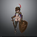 Female Warrior With Armor Helmet Red Feather Sword Shield Emblem Shorts And Long Boots