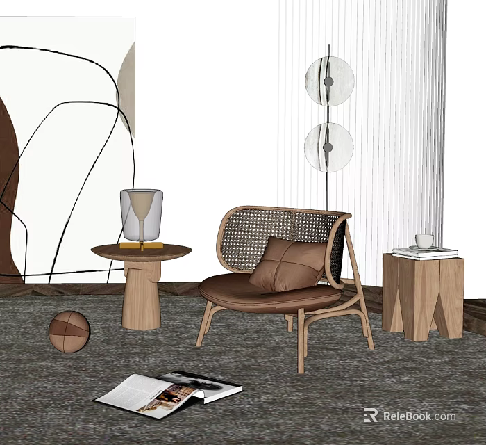 Modern Single Sofa With Rattan Design Brown Cushion Wooden Side Table And Carpet 3d model 