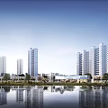 Blue Sky Above Modern Glass Building with Water Pool Reflection and Green Trees
