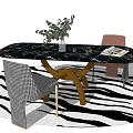 Elegant Dining Table Set With Black Marble Tabletop Wooden Legs Houndstooth Pink Chairs Zebra Rug