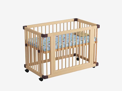Light Colored Wooden Baby Crib with Blue Patterned Mattress and Wheels 3d model