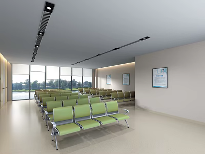 Waiting Area Interior With Green Seats Large Windows And Posters On Wall 3d model
