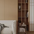 Modern Living Room Interior With Wooden Bookshelf Sliding Screen White Sofa And Woven Pendant Light