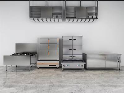 Stainless Steel Kitchen Appliances With Stove Oven And Storage Units 3d model