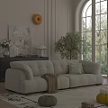 Modern Beige Fabric Sofa Coffee Table Set With Green Plant And Decorative Art