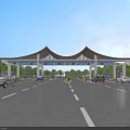 Large Toll Gate With Traditional Style Roof On Highway With Vehicles Trees And Blue Sky