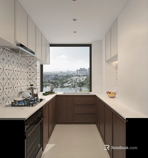 Modern Kitchen Interior Featuring White Dark Cabinets Geometric Tile Backsplash Countertop Large Window City View 3d model