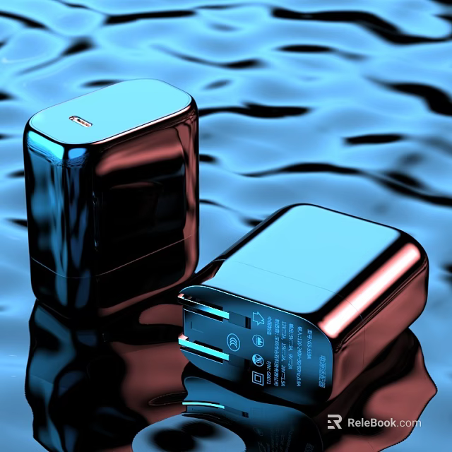 Two Shiny Blue Laptop Chargers With Dual Ports On Water Ripple Surface 3d model 