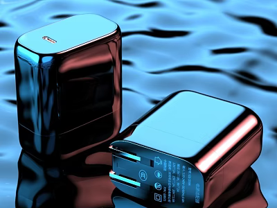 Two Shiny Blue Laptop Chargers With Dual Ports On Water Ripple Surface 3d model