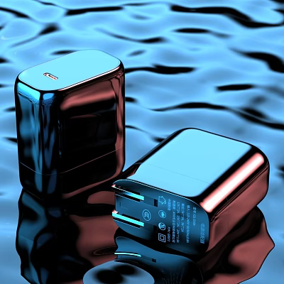 Two Shiny Blue Laptop Chargers With Dual Ports On Water Ripple Surface 3d model