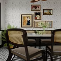 Dining Living Room Interior With Patterned Wallpaper Green Walls Arched Doorway And Wooden TV Cabinet