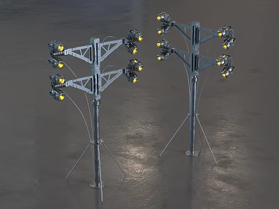 Industrial Metal Lighting Fixtures With Multiple Lamps On Tripod Stands And Reflective Floor 3d model